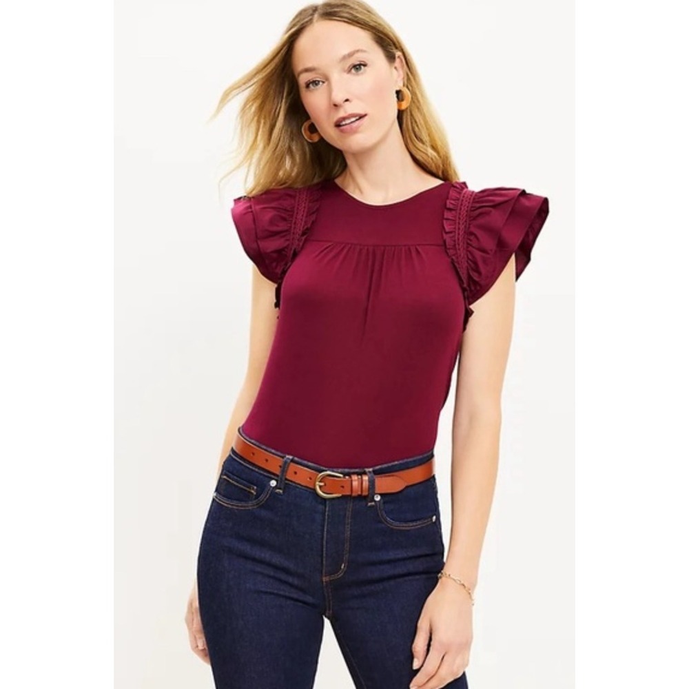 LOFT Ruffle Sleeve Crochet Trim Top Berry Pink Cotton Boho Blouse Large
